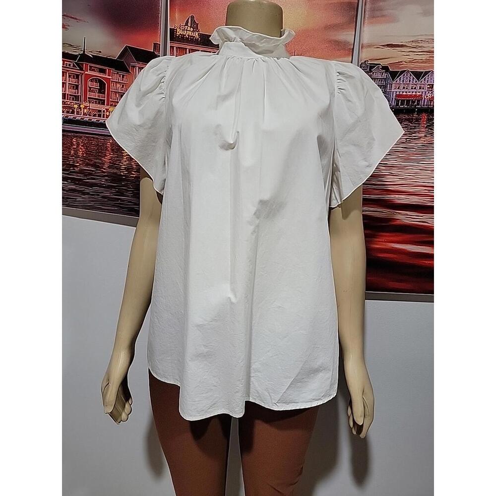 0039 ITALY Women's Blouse Chancy Cotton Size S Short Sleeve Off White Top #C